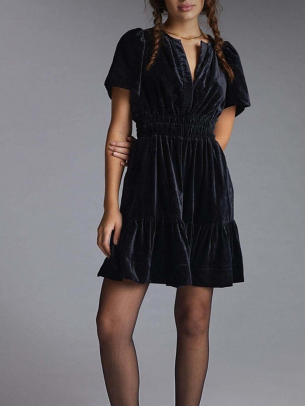 Anthropologie Maeve Somerset Black Velvet Smocked Waist Mini Dress Size S